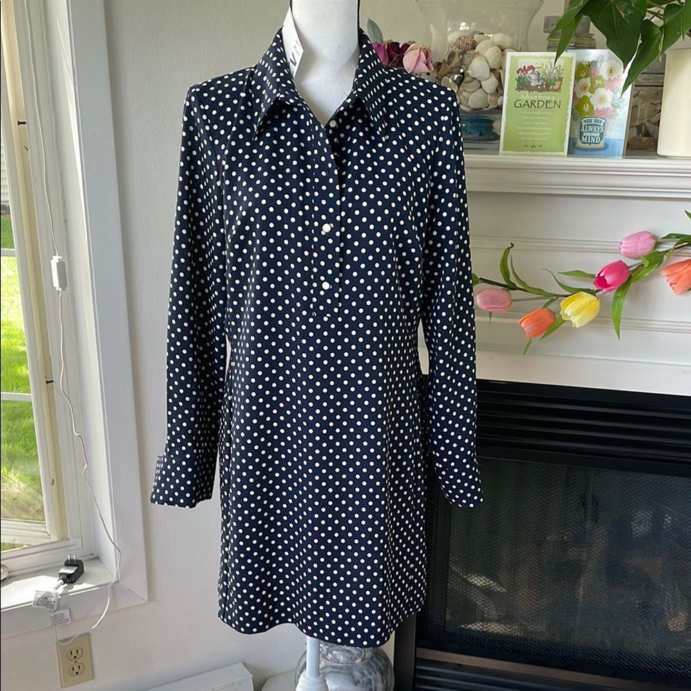 Zara Navy Polka Dot Long Sleeve Mini Shirt Dress